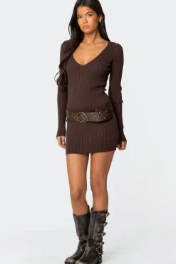 Ribbed Knit V Neck Mini Dress