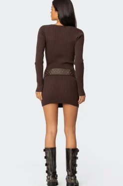 Ribbed Knit V Neck Mini Dress