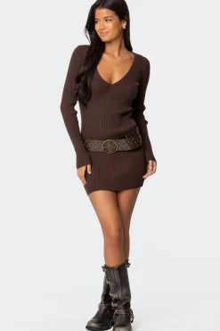 Ribbed Knit V Neck Mini Dress