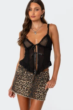 Ribbon Tie Sheer Mesh Top