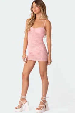 Ruched Sheer Mesh Mini Dress
