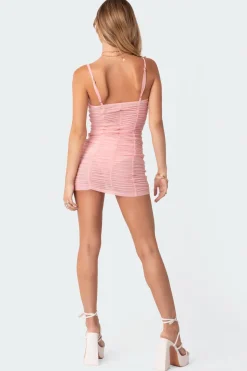 Ruched Sheer Mesh Mini Dress
