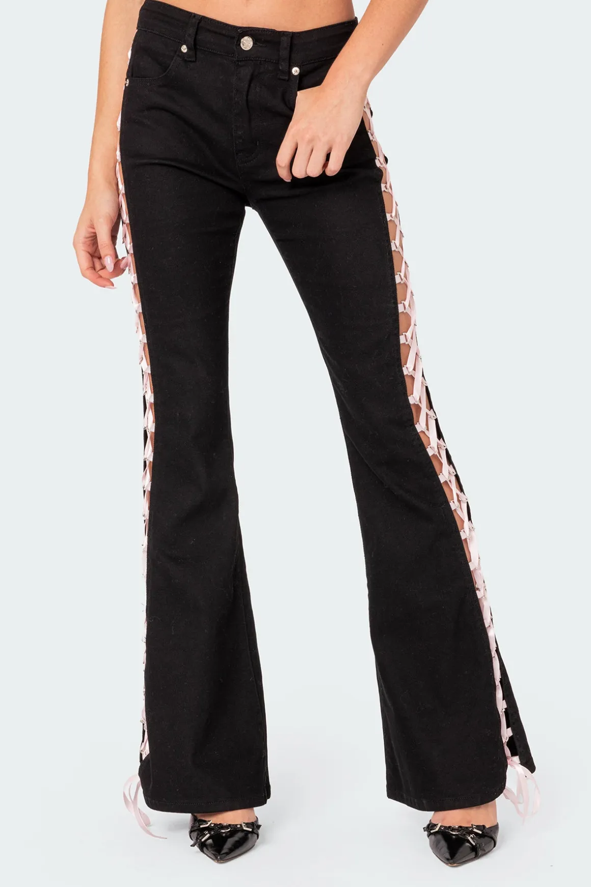 Satin Lace Up Flared Jeans