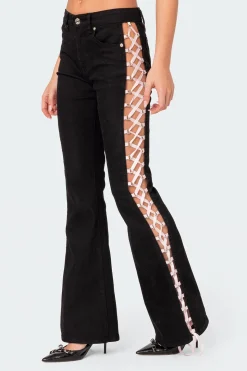 Satin Lace Up Flared Jeans