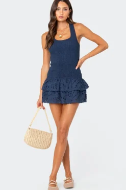 Scrunchy Ruffled Eyelet Mini Dress