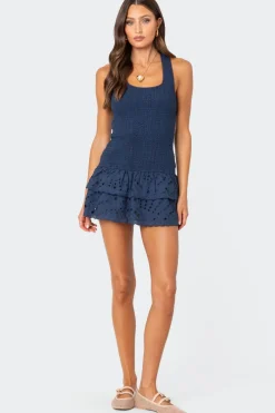 Scrunchy Ruffled Eyelet Mini Dress