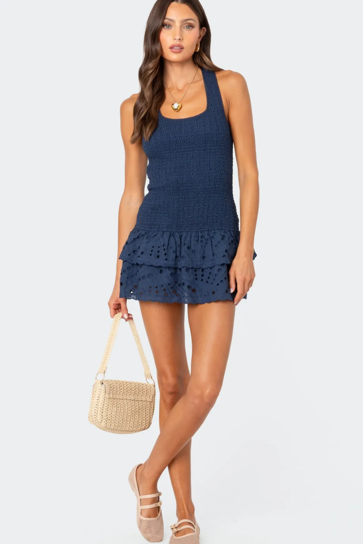 Scrunchy Ruffled Eyelet Mini Dress