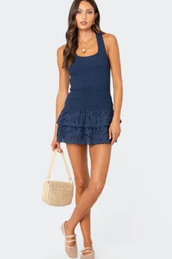 Scrunchy Ruffled Eyelet Mini Dress