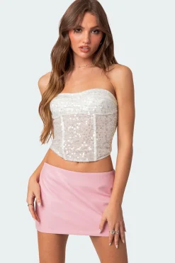 Semi Sheer Sequin Lace Up Corset