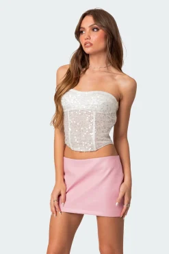 Semi Sheer Sequin Lace Up Corset