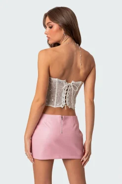 Semi Sheer Sequin Lace Up Corset