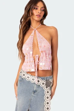 Sequin Crochet Open Back Top