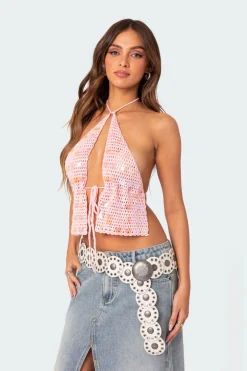 Sequin Crochet Open Back Top