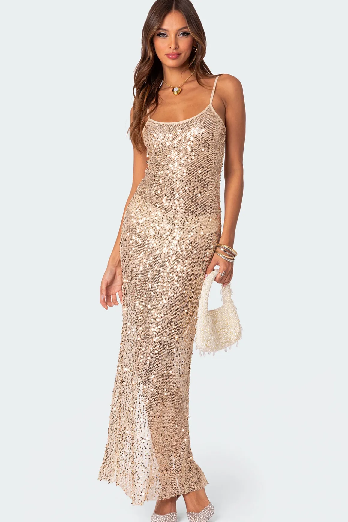 Sequin Sheer Mesh Maxi Dress