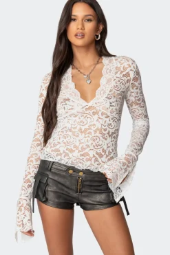 Sheer Lace Bell Sleeve Top