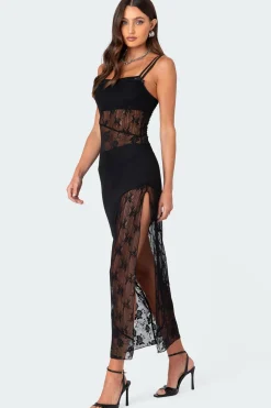 Sheer Mesh & Lace Patchwork Maxi Dress