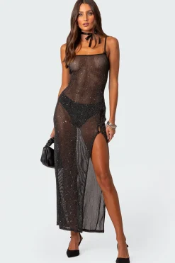 Sheer Micro Sequin Slitted Maxi Dress