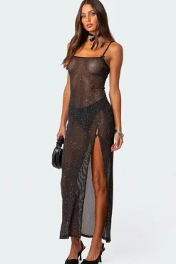 Sheer Micro Sequin Slitted Maxi Dress