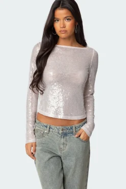 Sheer Sequin Boat Neck Top