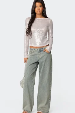 Sheer Sequin Boat Neck Top