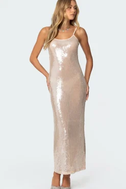 Sheer Sequin Slitted Maxi Dress