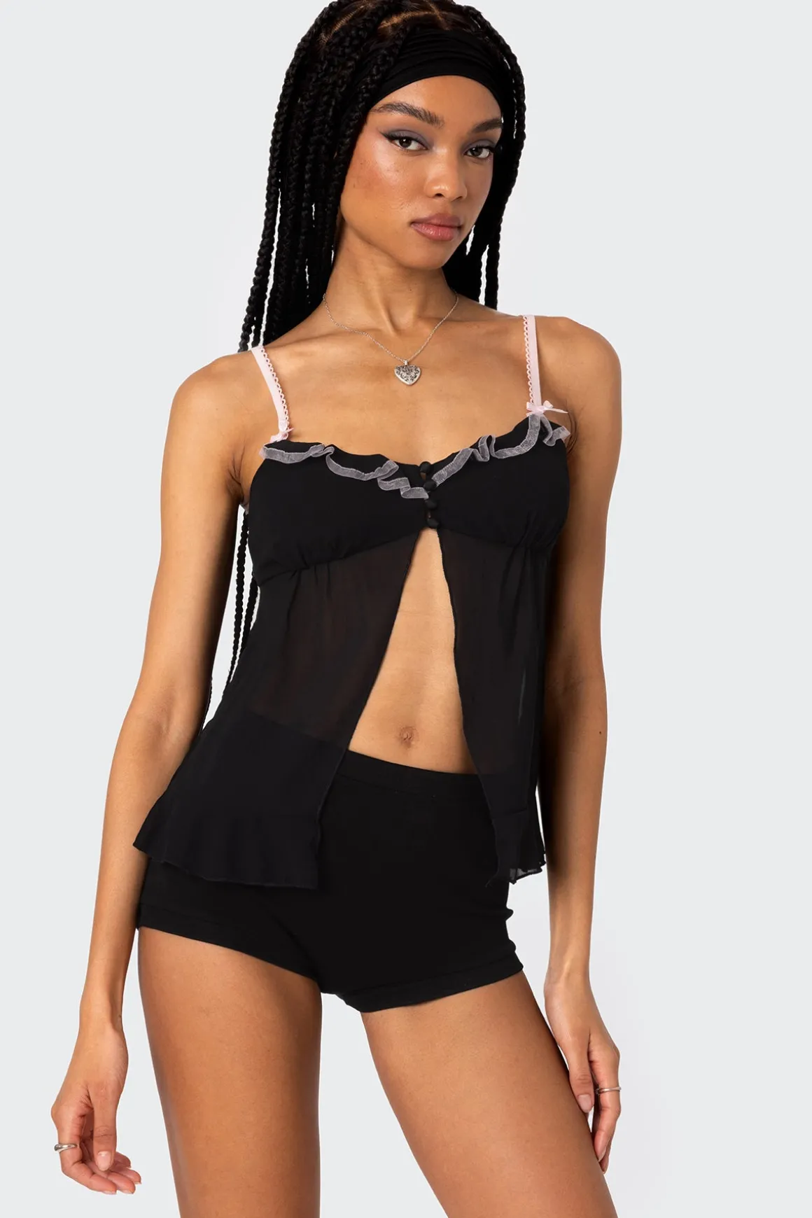 Sheer Split Front Babydoll Top