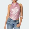 Shiny Backless Cowl Neck Top