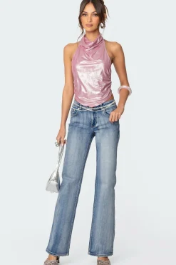 Shiny Backless Cowl Neck Top