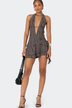 Shredded Backless Halter Mini Dress
