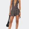 Shredded Backless Halter Mini Dress