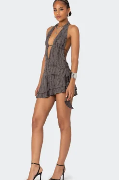 Shredded Backless Halter Mini Dress