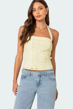 Side Button Eyelet Halter Top