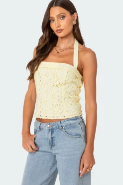Side Button Eyelet Halter Top