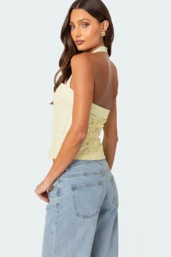 Side Button Eyelet Halter Top