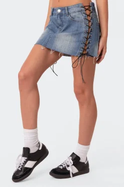 Side Lace Up Denim Mini Skirt