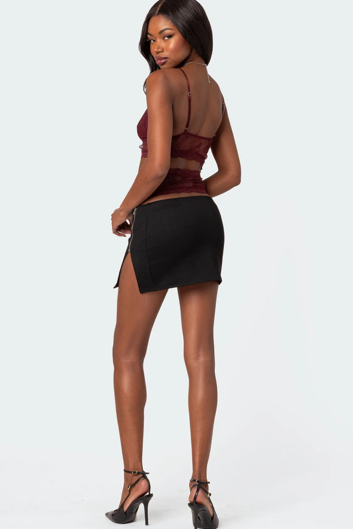 Side Zip Slitted Mini Skirt