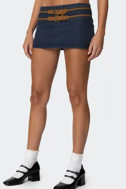 Sky Double Buckle Denim Mini Skort