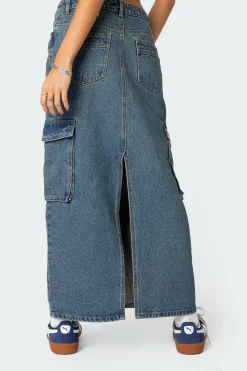 Slitted Cargo Denim Maxi Skirt