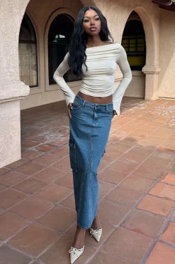 Slitted Cargo Denim Maxi Skirt