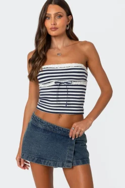 Striped Eyelet Trim Tube Top