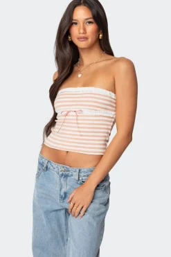 Striped Eyelet Trim Tube Top