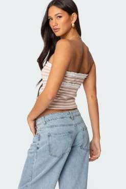 Striped Eyelet Trim Tube Top