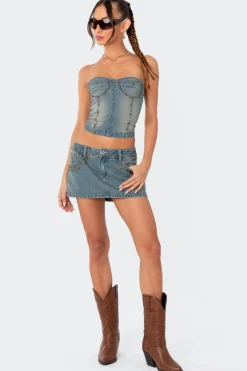 Studded Low Rise Washed Denim Mini Skirt