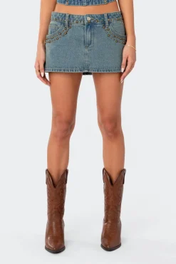 Studded Low Rise Washed Denim Mini Skirt
