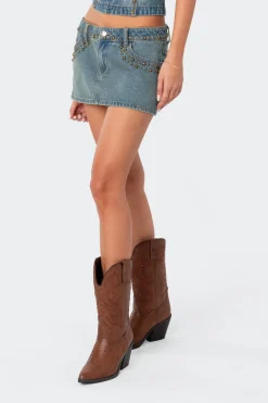 Studded Low Rise Washed Denim Mini Skirt