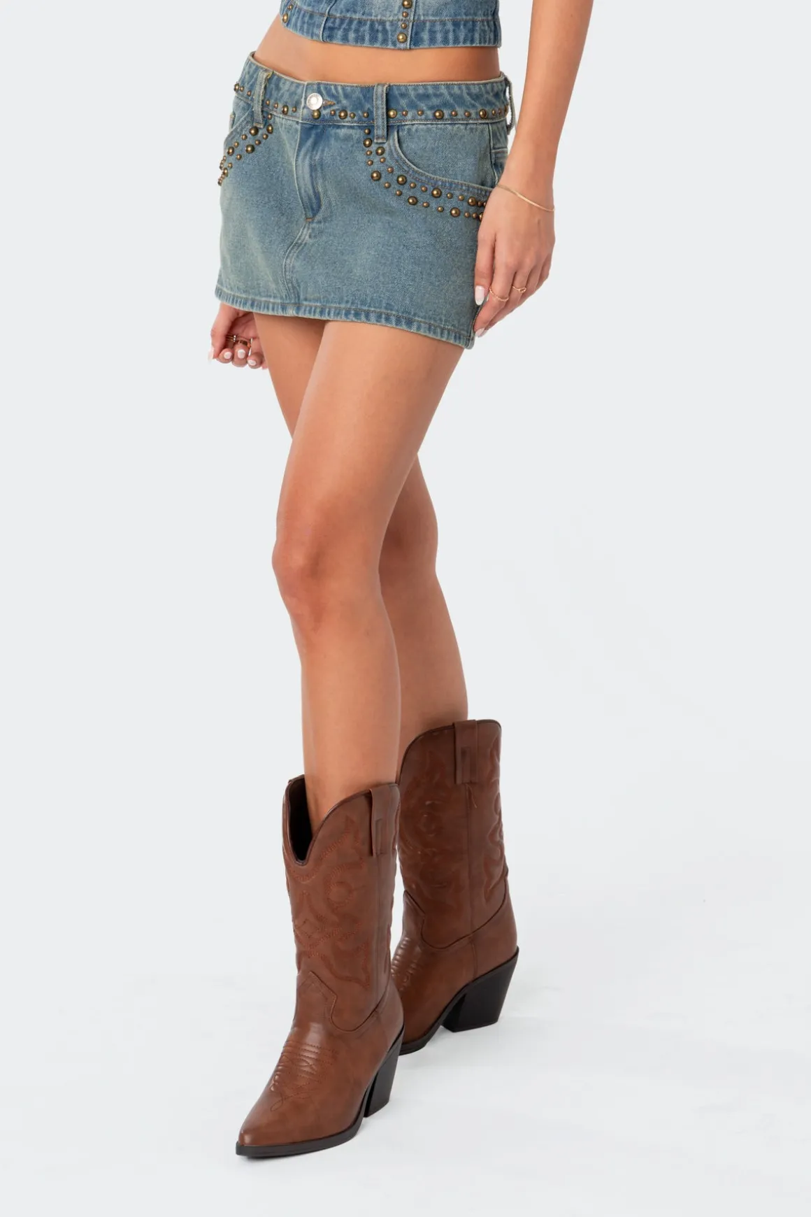 Studded Low Rise Washed Denim Mini Skirt