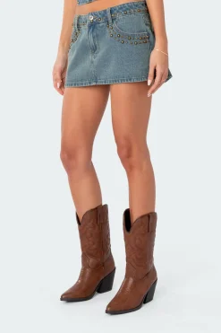 Studded Low Rise Washed Denim Mini Skirt