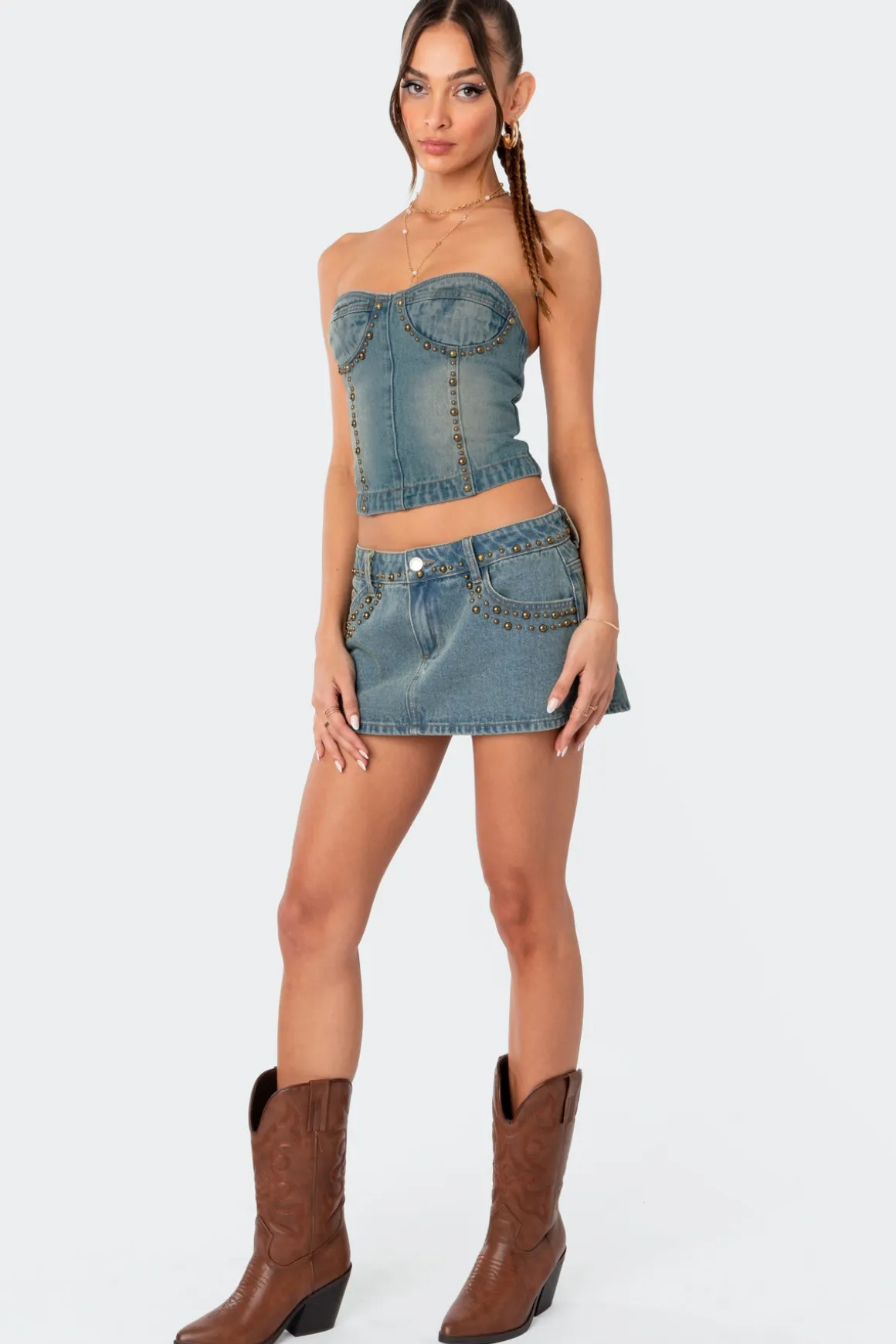 Studded Low Rise Washed Denim Mini Skirt