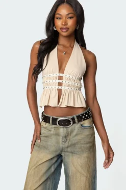 Studded Split Front Backless Halter Top