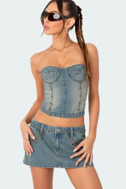 Studded Washed Denim Lace Up Corset